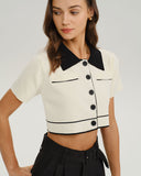 Bej Kontrast Tek Göğüslü Kısa Hırka