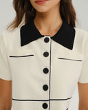 Bej Kontrast Tek Göğüslü Kısa Hırka