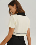 Bej Kontrast Tek Göğüslü Kısa Hırka