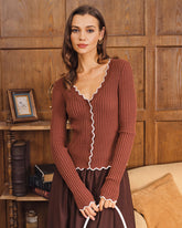 Kahve Kontrast Düğmeli Örgü Hırka