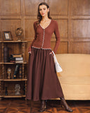 Kahve Kontrast Düğmeli Örgü Hırka