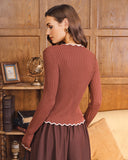 Kahve Kontrast Düğmeli Örgü Hırka