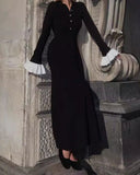 Siyah Kontrast Vücuda Oturan Kazak Elbise