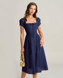 Lacivert Kare Yaka A Kesim Midi Elbise