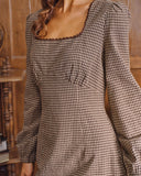 Kahverengi Ekose Kare Yaka A Kesim Mini Elbise