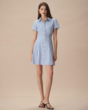 Sueña Kadın Mavi Ekose Yaka Pamuklu Mini Elbise
