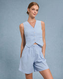 Sueña™ Mavi V Yaka Yelek Şort İki Parça Takım