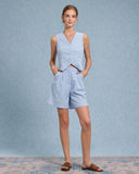Sueña™ Mavi V Yaka Yelek Şort İki Parça Takım