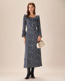 Sueña Mavi Çiçekli Fırfırlı Şifon Maxi Elbise