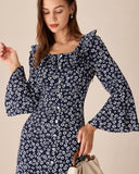 Sueña Mavi Çiçekli Fırfırlı Şifon Maxi Elbise