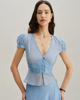 Sueña™ Mavi Derin V Yaka Kısa Kollu Bluz