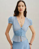 Sueña™ Mavi Derin V Yaka Kısa Kollu Bluz