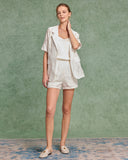 Sueña™ Bej Jakarlı Bluz Şort İki Parça Takım