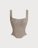 Sueña™ Kahverengi Ekose Kare Yaka Cami Üst