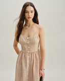 Sueña™ Turuncu Çizgili Kalp Yaka Askılı Uzun Elbise