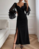 Siyah V Yaka Çan Kollu Uzun Elbise