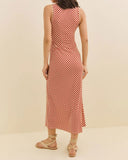 Kırmızı Puantiyeli Kolsuz Uzun Elbise