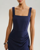 Lacivert Büzgülü Yırtmaçlı Uzun Elbise