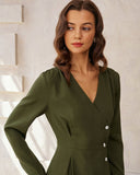 Yeşil Büzgülü Düğmeli A Kesim Uzun Elbise