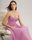 Pembe Kalp Yaka Dökümlü Uzun Elbise