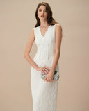 Sueña Kadın Beyaz V Yaka Jakarlı Maxi Elbise