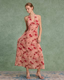 Sueña™ Kırmızı Çiçekli Büzgülü Askılı Uzun Elbise