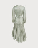 Yeşil Tekne Yakalı Büzgülü Uzun Elbise