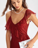 Kırmızı Batik Denizkızı Askılı Uzun Elbise