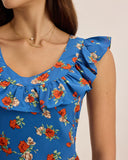 Sueña™ Mavi Çiçekli Volanlı Kolsuz Uzun Elbise