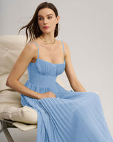 Mavi Kalp Yaka Dökümlü Uzun Elbise