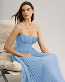 Mavi Kalp Yaka Dökümlü Uzun Elbise