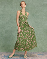 Sueña™ Yeşil Çiçekli Büzgülü Askılı Uzun Elbise