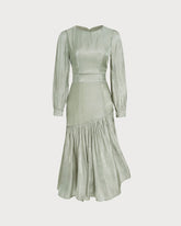 Yeşil Tekne Yakalı Büzgülü Uzun Elbise