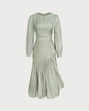Yeşil Tekne Yakalı Büzgülü Uzun Elbise