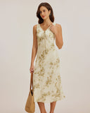 Sueña™ Yeşil Çiçekli Kıvrımlı Kolsuz Uzun Elbise