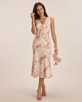 Sueña™ Pembe Çiçekli Kıvrımlı Kolsuz Uzun Elbise