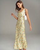 Kayısı Çiçek Desenli Kapüşonlu Yaka Kolsuz Uzun Elbise