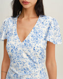 Sueña™ Mavi Çiçekli V Yaka Düğmeli Uzun Elbise