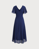 Lacivert V Yaka A Kesim Volanlı Uzun Elbise