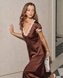 Kahverengi Saten V Yaka Dantel Uzun Elbise