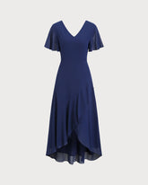 Lacivert V Yaka A Kesim Volanlı Uzun Elbise