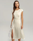 Bej Saten Kesimli Midi Elbise