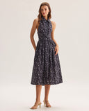 Sueña™ Siyah Çiçekli Büzgülü Sırtı Açık Midi Elbise