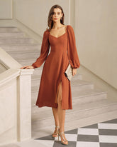 Kırmızı Kabarık Kollu Yırtmaçlı Midi Elbise