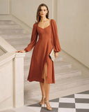 Kırmızı Kabarık Kollu Yırtmaçlı Midi Elbise