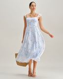 Sueña™ Mavi Çiçekli Kalp Yaka Askılı Midi Elbise