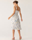 Sueña Mavi Çiçekli U Yaka A Kesim Midi Elbise