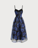 Sueña™ Lacivert Çiçek Kalp Yaka Slip Midi Elbise