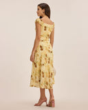 Sueña™ Sarı Çiçekli Kıvrımlı Kolsuz Midi Elbise