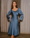 Mavi Kapüşonlu Yaka A Kesim Midi Elbise